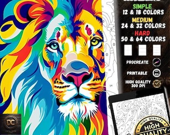 May include: Colour by numbers colouring page featuring a colourful lion with the text "Lion Magic" and "Colour by Numbers" at the bottom. The page is labelled "Simple", "Medium", and "Hard" with different colour counts for each difficulty level. The page also includes the text "Procreate", "Printable", and "High Quality 300 DPI".