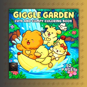 Puede incluir: Un libro para colorear para niños titulado "Giggle Garden: Cute and Comfy Coloring Book." La portada presenta animales de dibujos animados en un barco plátano en un río, con el texto "52 Pages." El fondo muestra una cascada y vegetación.