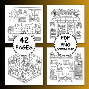 May include: Black and white line art illustrations of cozy rooms, including a living room, a flower shop, and a home office. The image includes the text "42 PAGES" and "PDF + PNG DOWNLOAD". The illustrations feature plants, furniture, and decorative elements.