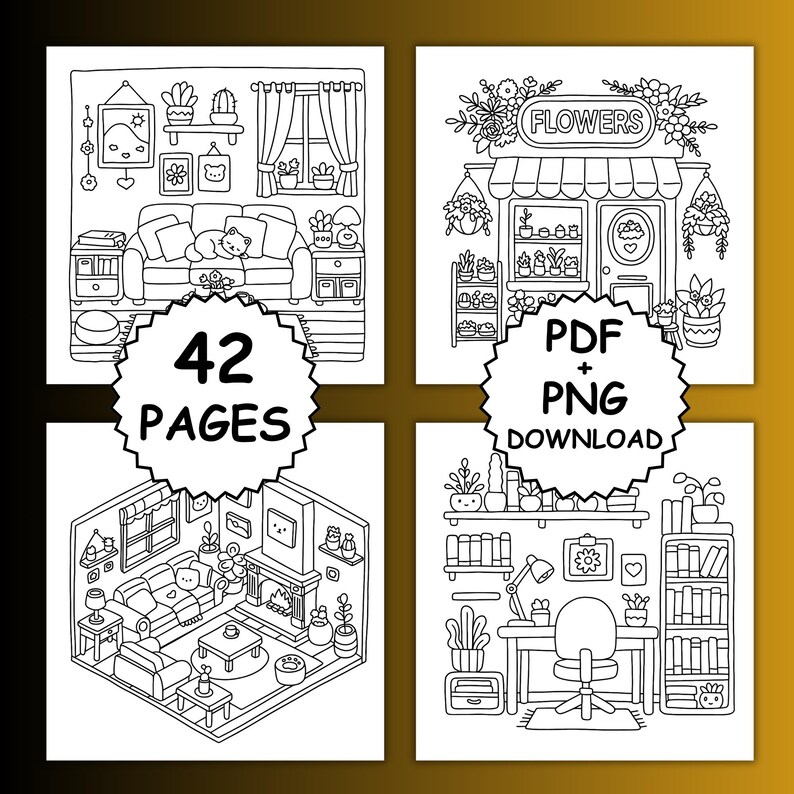 May include: Black and white line art illustrations of cozy rooms, including a living room, a flower shop, and a home office. The image includes the text "42 PAGES" and "PDF + PNG DOWNLOAD". The illustrations feature plants, furniture, and decorative elements.