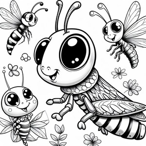 May include: Black and white line drawing of four cartoon bees with large eyes. The bees are in various poses, some are flying and some are standing on flowers. The bees are surrounded by flowers and leaves.
