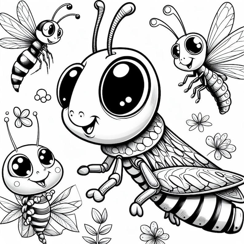 May include: Black and white line drawing of four cartoon bees with large eyes. The bees are in various poses, some are flying and some are standing on flowers. The bees are surrounded by flowers and leaves.