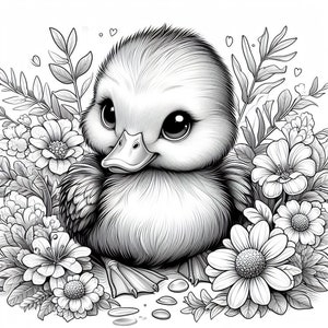 May include: A black and white illustration of a cute duckling sitting in a bed of flowers. The duckling has large eyes and a small beak. The flowers are in bloom and have delicate petals.