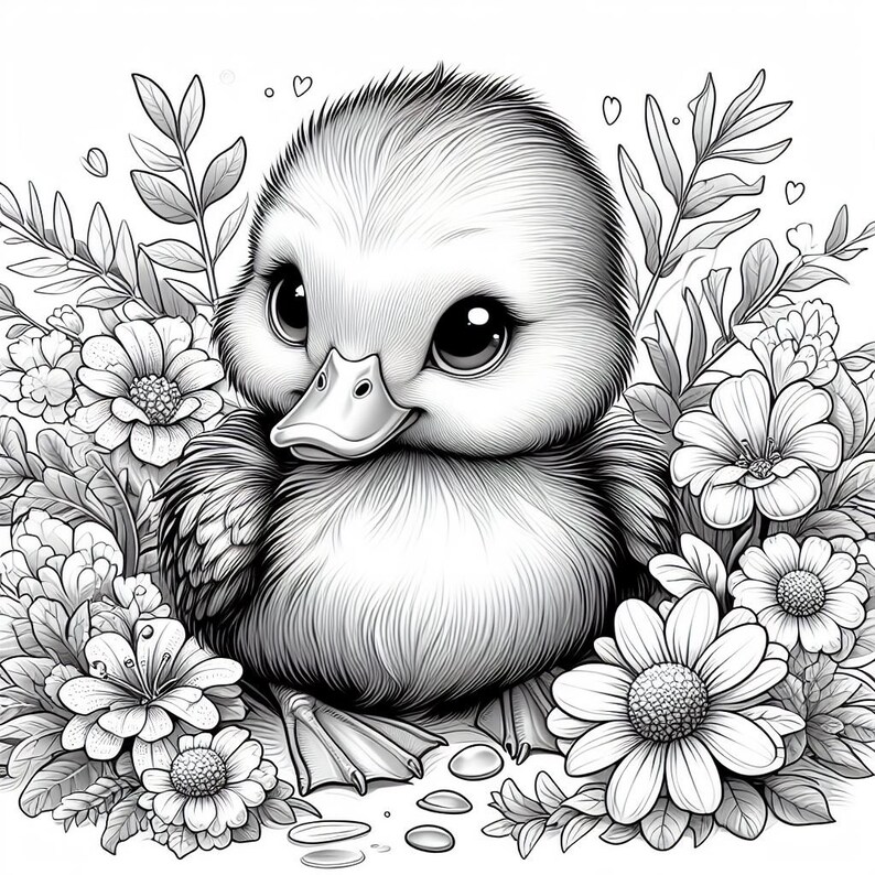 May include: A black and white illustration of a cute duckling sitting in a bed of flowers. The duckling has large eyes and a small beak. The flowers are in bloom and have delicate petals.