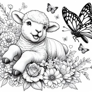 May include: A black and white illustration of a cute lamb lying in a field of flowers. The lamb has a happy expression on its face and is surrounded by various flowers, including roses and daisies. There are also butterflies flying around the lamb.