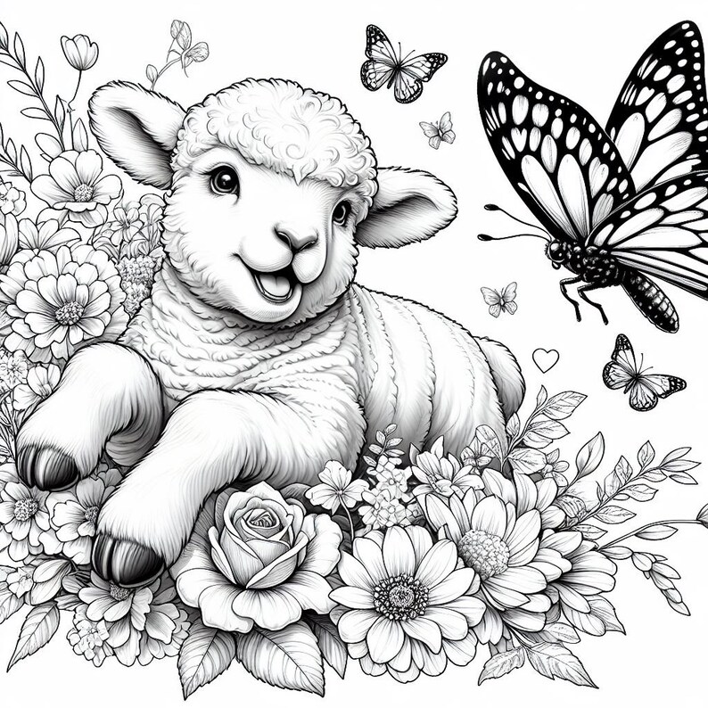 May include: A black and white illustration of a cute lamb lying in a field of flowers. The lamb has a happy expression on its face and is surrounded by various flowers, including roses and daisies. There are also butterflies flying around the lamb.