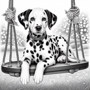 May include: A black and white Dalmatian dog sitting on a wooden swing. The dog is looking at the camera with its tongue out.