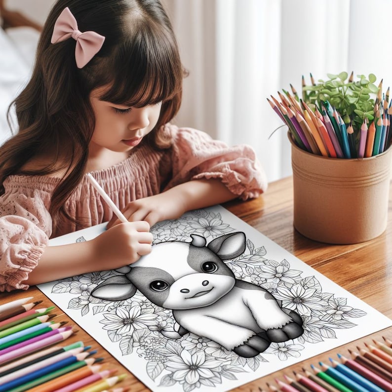 Puede incluir: Una persona joven est&aacute; coloreando una ilustraci&oacute;n en blanco y negro de una vaca de dibujos animados rodeada de flores. Un l&aacute;piz est&aacute; en la mano de la persona. L&aacute;pices de colores est&aacute;n en un recipiente peque&ntilde;o sobre la mesa.