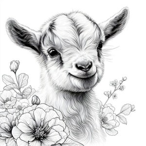 May include: A black and white line drawing of a baby goat with a sweet expression. The goat is surrounded by delicate flowers and leaves.
