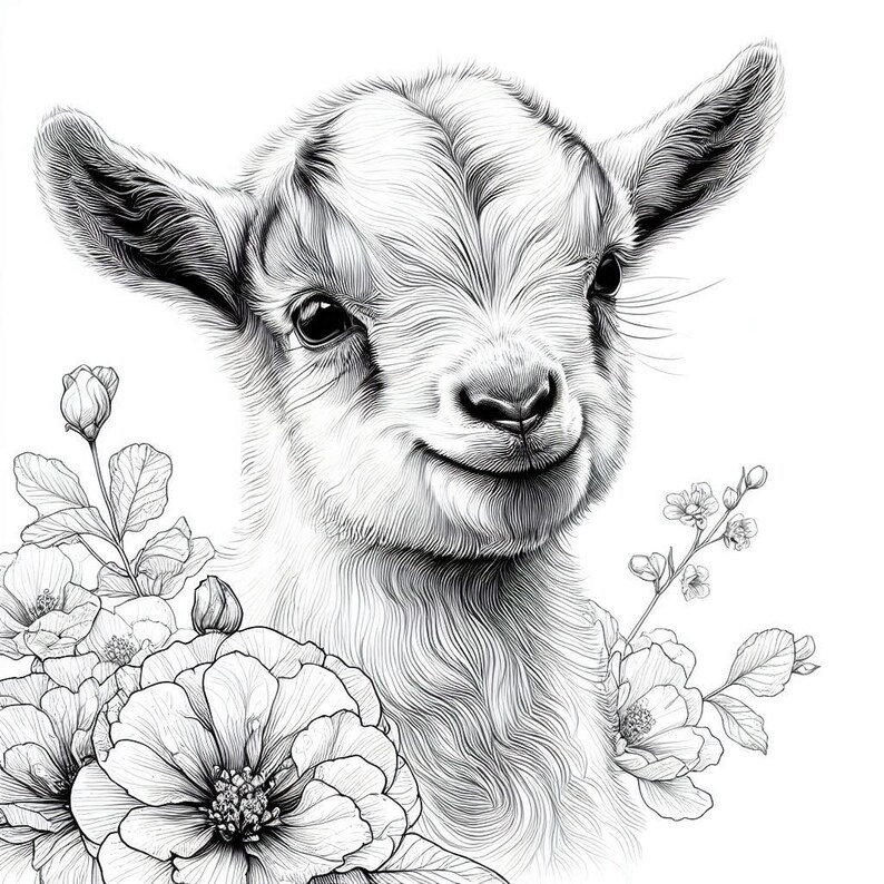 May include: A black and white line drawing of a baby goat with a sweet expression. The goat is surrounded by delicate flowers and leaves.
