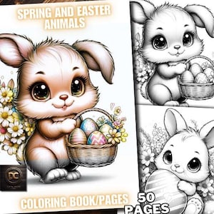 Puede incluir: Un libro para colorear con 50 páginas de animales de primavera y Pascua. La portada presenta un lindo conejito sosteniendo una cesta de huevos de Pascua. El libro es perfecto para los niños que aman colorear.