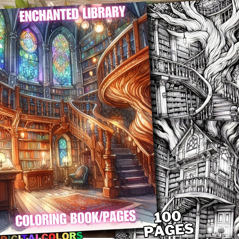 100 Enchanted Library Coloring Pages, Haunted Library Coloring Book ...