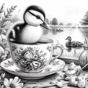 May include: Black and white illustration of a duckling sitting in a teacup. The teacup and saucer are decorated with floral patterns. The background shows a lake with ducks and trees.