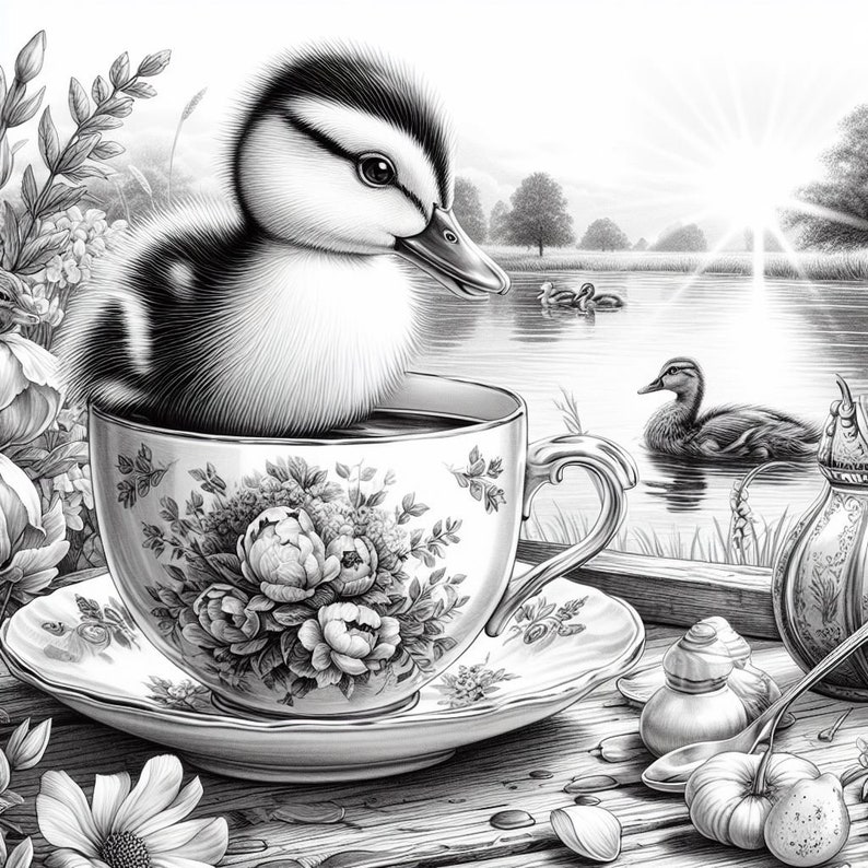 May include: Black and white illustration of a duckling sitting in a teacup. The teacup and saucer are decorated with floral patterns. The background shows a lake with ducks and trees.