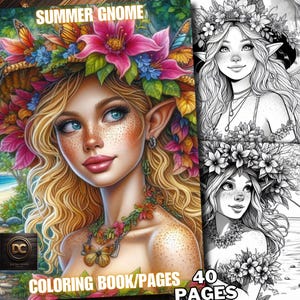 May include: A coloring book featuring a detailed illustration of a gnome with a floral crown and butterflies. The title "SUMMER GNOME" is at the top of the cover. The book has 40 pages.
