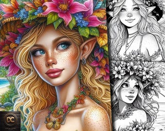 40 Summer Gnome Coloring Pages, Gnome Coloring Book, Girl Gnomes Coloring Fantasy Grayscale for Adults and Kids Elves Printable Pdf
