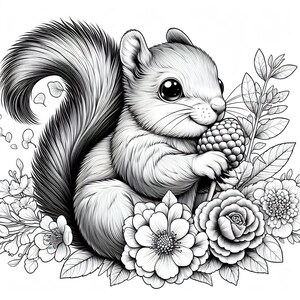 May include: A black and white illustration of a cute squirrel sitting in a bed of flowers. The squirrel is holding a berry in its paws and has a happy expression on its face.