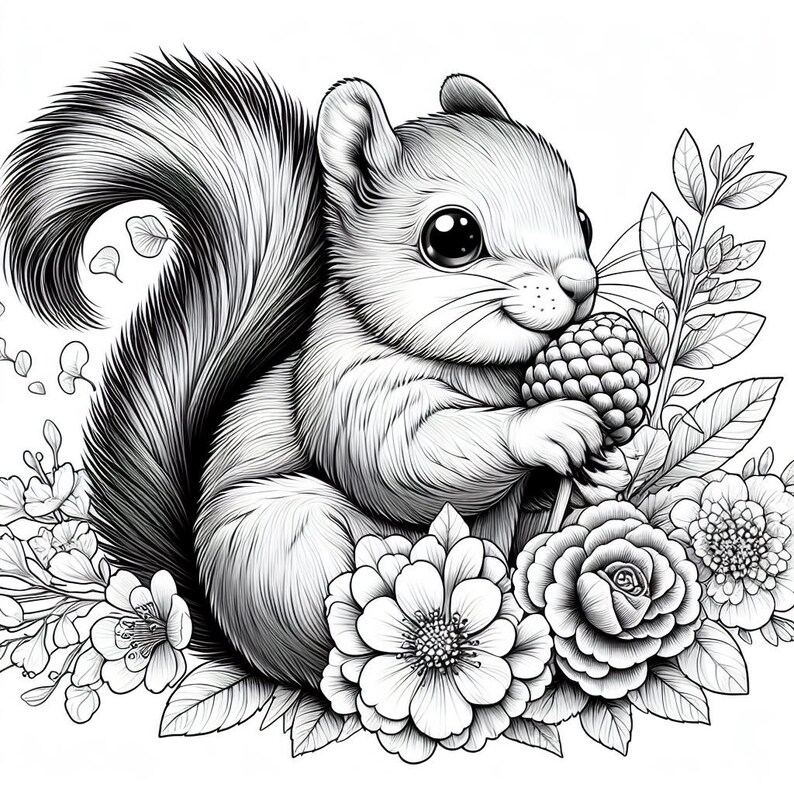 May include: A black and white illustration of a cute squirrel sitting in a bed of flowers. The squirrel is holding a berry in its paws and has a happy expression on its face.