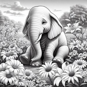 K&ouml;nnte beinhalten: Eine Schwarzwei&szlig;illustration eines Babyelefanten, der in einem Blumenfeld sitzt. Der Elefant hat einen traurigen Gesichtsausdruck und schaut auf den Boden. Die Blumen bl&uuml;hen alle und umgeben den Elefanten.