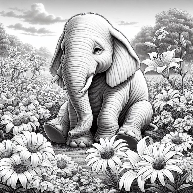 K&ouml;nnte beinhalten: Eine Schwarzwei&szlig;illustration eines Babyelefanten, der in einem Blumenfeld sitzt. Der Elefant hat einen traurigen Gesichtsausdruck und schaut auf den Boden. Die Blumen bl&uuml;hen alle und umgeben den Elefanten.