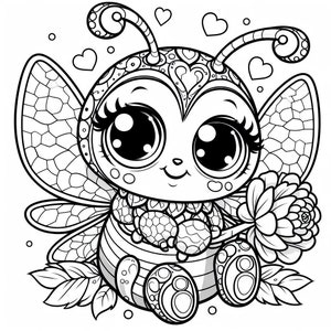 May include: A black and white line drawing of a cute cartoon bee with large eyes and a flower. The bee has wings and a heart-shaped pattern on its body. The bee is holding a flower in its paws.