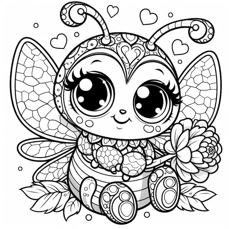 May include: A black and white line drawing of a cute cartoon bee with large eyes and a flower. The bee has wings and a heart-shaped pattern on its body. The bee is holding a flower in its paws.