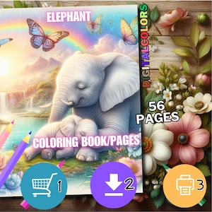 K&ouml;nnte beinhalten: Ein digitales Malbuch mit einer Mutter und ihrem Baby-Elefanten in einer &uuml;ppigen, farbenfrohen Landschaft. Das Buch hat 56 Seiten und ist zum Download oder zum Ausdrucken verf&uuml;gbar.