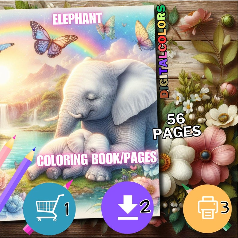 K&ouml;nnte beinhalten: Ein digitales Malbuch mit einer Mutter und ihrem Baby-Elefanten in einer &uuml;ppigen, farbenfrohen Landschaft. Das Buch hat 56 Seiten und ist zum Download oder zum Ausdrucken verf&uuml;gbar.
