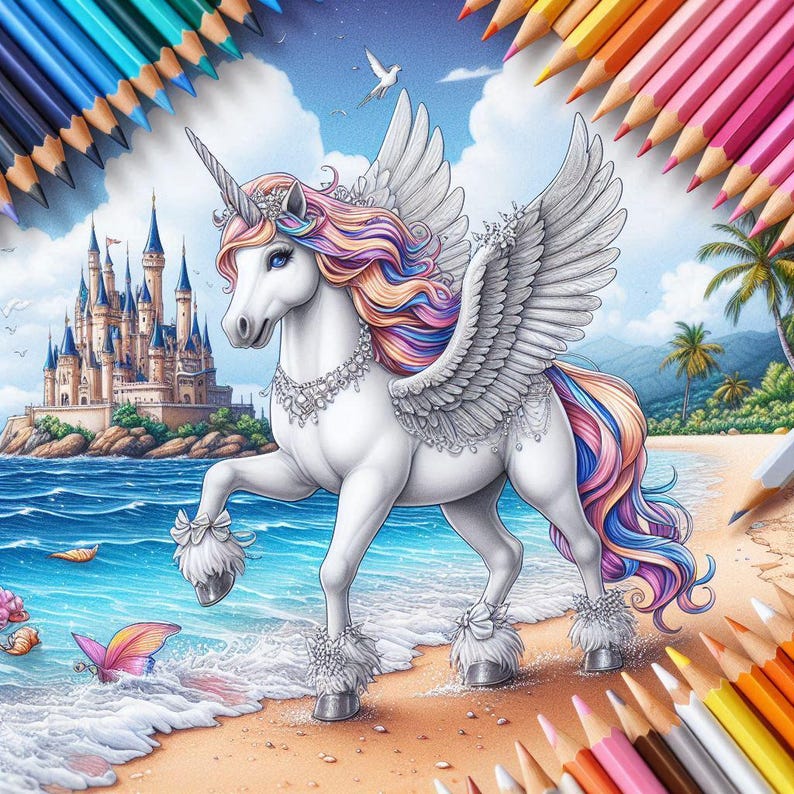 40 Summer Unicorn Coloring Pages, Unicorn Coloring Book, Enchanted & Magical Unicorns Fantasy Grayscale Coloring Adult Kids Printable Pdf image 7