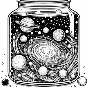May include: A black and white illustration of a glass jar containing a swirling galaxy with stars and planets. The jar is closed with a lid.