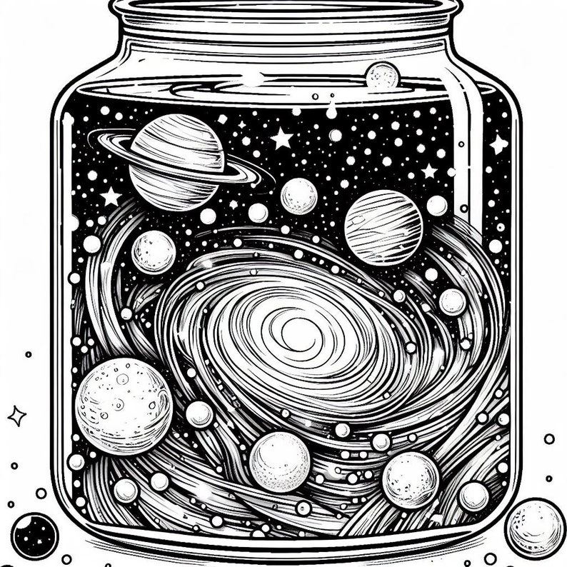 May include: A black and white illustration of a glass jar containing a swirling galaxy with stars and planets. The jar is closed with a lid.
