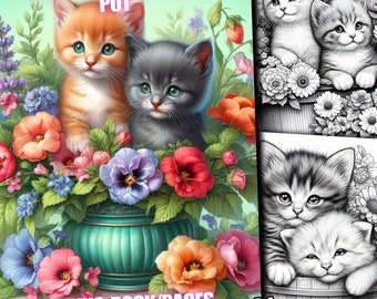 41 Gattini con fiori in un vaso da colorare, Gattini con fiori in un vaso Libro da colorare, Pagine da colorare in scala di grigi per adulti e bambini Scarica stampabile