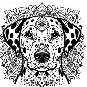 May include: Black and white line art illustration of a Dalmatian dog's face with a mandala design behind it.
