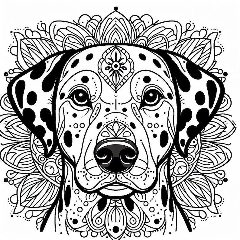 May include: Black and white line art illustration of a Dalmatian dog's face with a mandala design behind it.