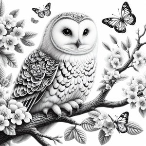 May include: A black and white drawing of an owl perched on a branch with delicate flowers and butterflies. The owl has detailed feathers and a serene expression.