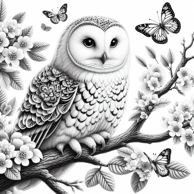 May include: A black and white drawing of an owl perched on a branch with delicate flowers and butterflies. The owl has detailed feathers and a serene expression.