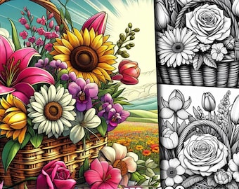 120 Disegni da Colorare di Fiori, Pagine da Colorare di Fiori, Libro da Colorare di Fiori, Disegni Floreali, Cestini di Fiori in Scala di Grigi di Qualità per Adulti e Bambini
