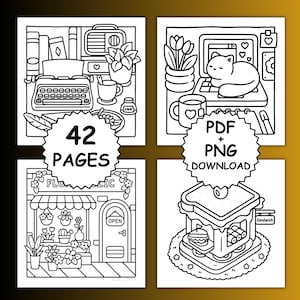 May include: Four black and white line art illustrations. Scenes include a desk with a typewriter, a cat on a computer, a flower shop, and a sandwich. Each image has a unique theme. The text "42 PAGES" and "PDF + PNG DOWNLOAD" are included.