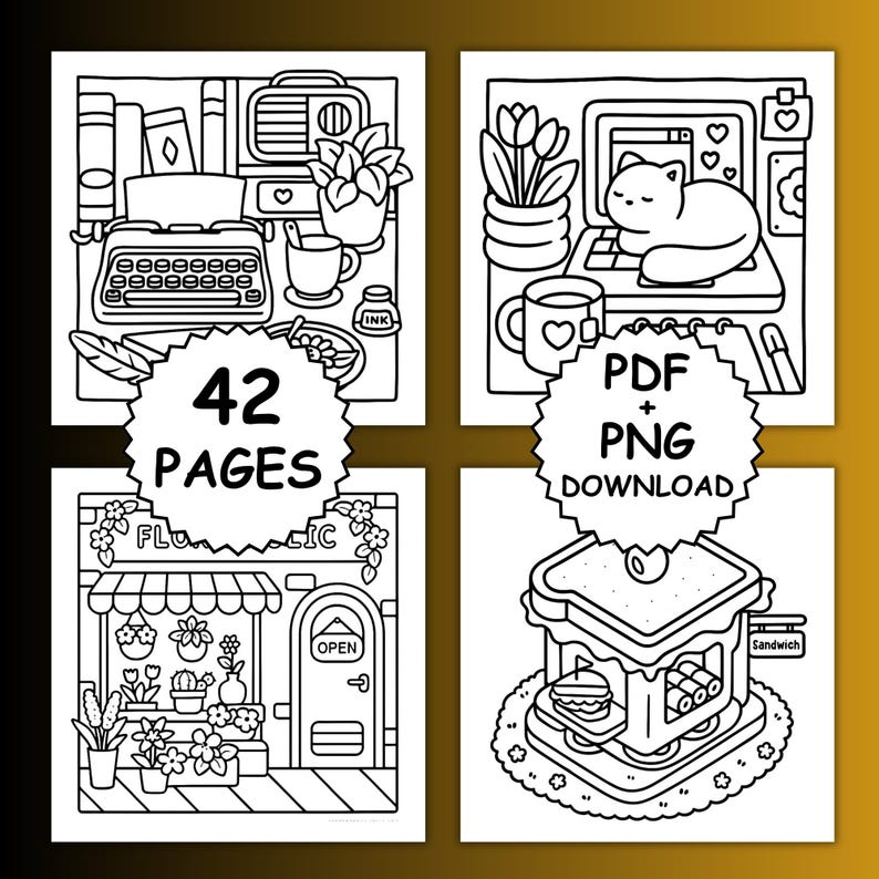 May include: Four black and white line art illustrations. Scenes include a desk with a typewriter, a cat on a computer, a flower shop, and a sandwich. Each image has a unique theme. The text "42 PAGES" and "PDF + PNG DOWNLOAD" are included.