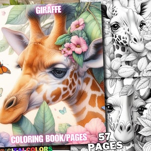 May include: A coloring book featuring a close-up of a giraffe's face with pink flowers in its hair. The book has 57 pages and is titled "Giraffe Coloring Book/Pages".