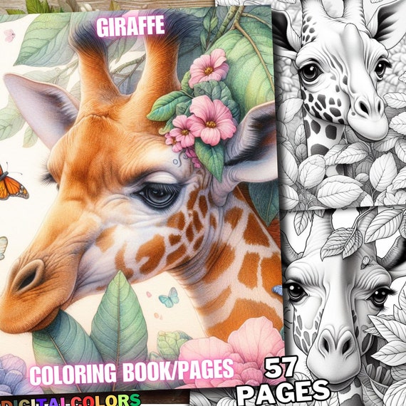 57 Giraffe Coloring Pages, Animal Coloring Pages, Spring Animals Coloring Book Grayscale Download Digital Printable for Adult and Kids