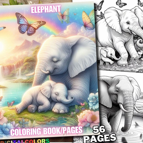 56 Elephant Coloring Pages, Spring Animal Coloring Book, Grayscale for Adult and Kids Download Digital Printable Pdf