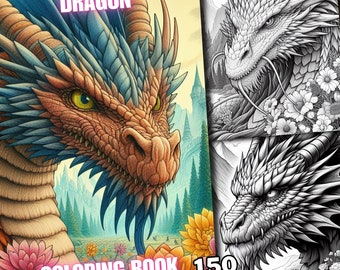 150 dragon coloring, dragon coloring pages, dragon coloring book floral print, Quality grayscale designs for adults and kids & stress relief