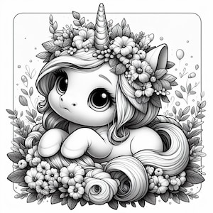 May include: A black and white illustration of a cute unicorn with a floral crown, sitting in a field of flowers. The unicorn has large eyes and a curled horn.