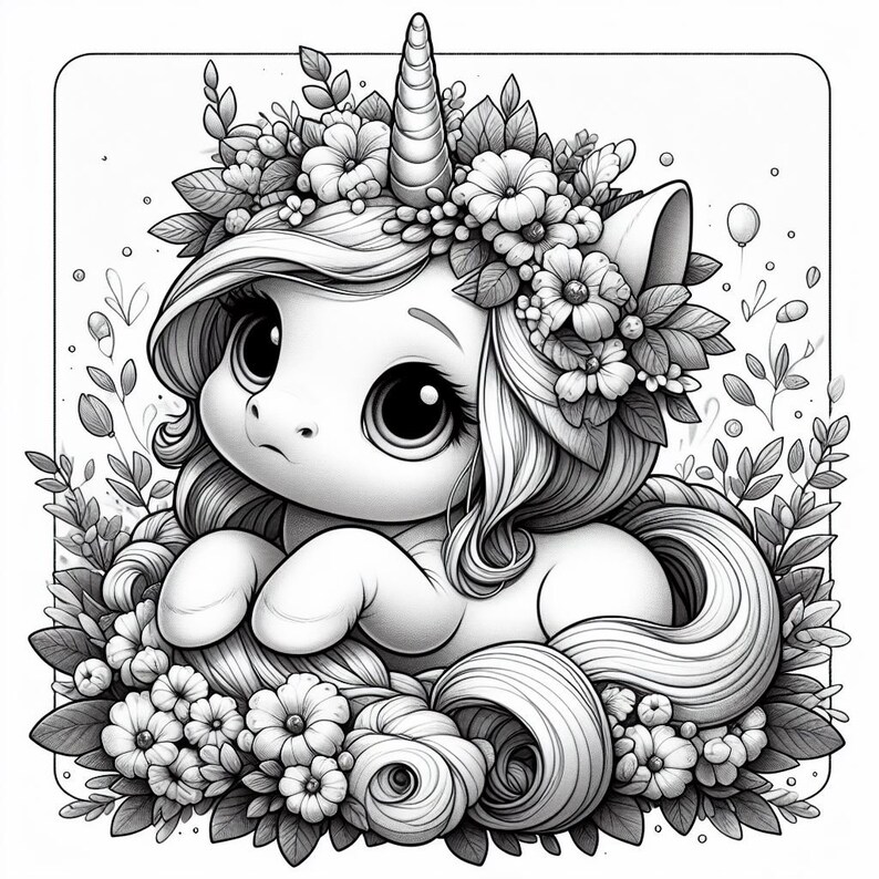 May include: A black and white illustration of a cute unicorn with a floral crown, sitting in a field of flowers. The unicorn has large eyes and a curled horn.