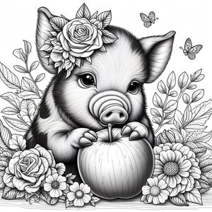 May include: A black and white illustration of a piglet wearing a flower crown and holding a red apple. The piglet is surrounded by flowers and leaves.