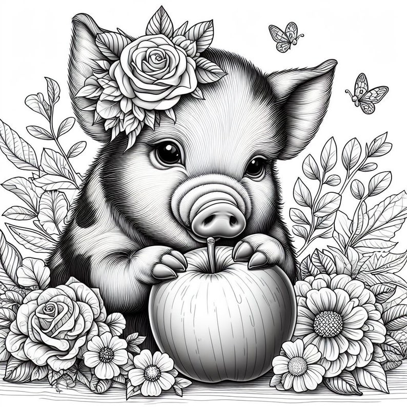 May include: A black and white illustration of a piglet wearing a flower crown and holding a red apple. The piglet is surrounded by flowers and leaves.