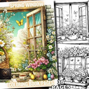 Puede incluir: Una colorida ilustración de una escena primaveral con una ventana, flores y mariposas. La imagen presenta una ventana con vistas a un jardín soleado, una taza de té y una cesta. El texto "SPRING WINDOW" y "COLORING BOOK/PAGES 38 PAGES" son visibles.