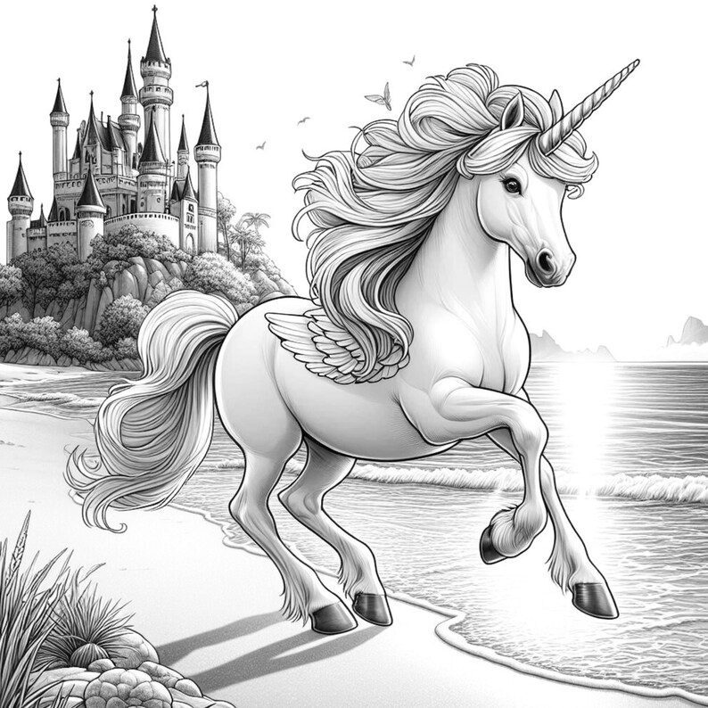40 Summer Unicorn Coloring Pages, Unicorn Coloring Book, Enchanted & Magical Unicorns Fantasy Grayscale Coloring Adult Kids Printable Pdf image 9