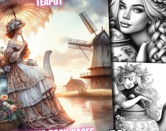 50 Vintage Floral Woman in Teapot Coloring Pages, Floral Girl at Tea Time Coloring Book, Grayscale for Adults and Kids Digital Print